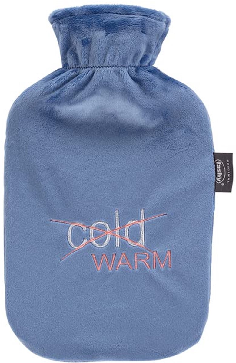 Warmwaterkruik met fleece overtrek en borduurwerk - 2,0 liter blauw