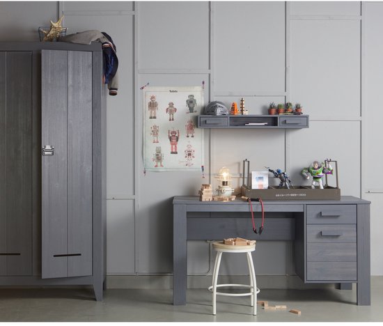 WOOOD Dennis Bureau - Grenen Geborsteld - Staal Grijs - 74x141x59
