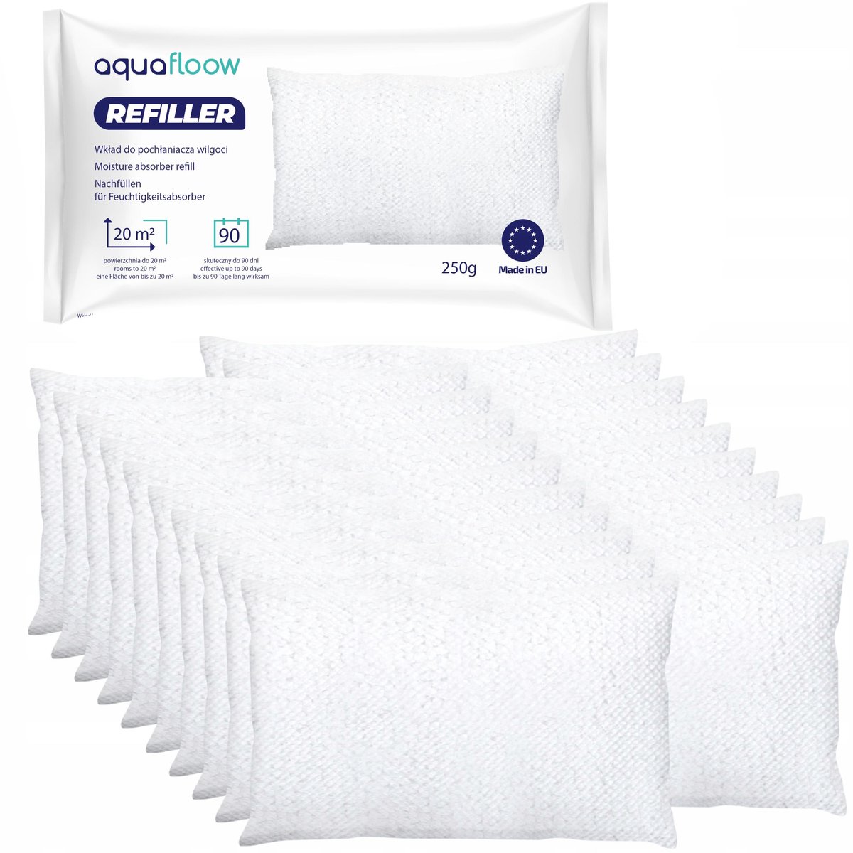 Aquafloow, 20x Navulzak granulaat 250 g, Navulverpakking voor ruimte ontvochtiger, voor ruimtes tot 20 m², voorkomt onaangename geuren