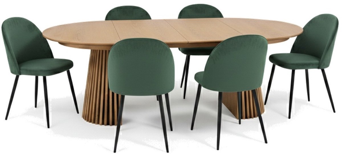 Tokyo eethoek eettafel natuur, 6 stoelen met groene velours bekleding.