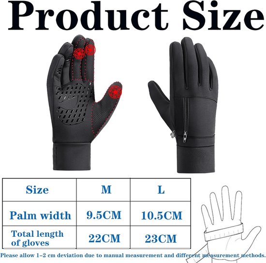 Maattabel voor zwarte winterhandschoenen (M, L) met palmbreedte en totale lengte; getoonde handschoenen met touch screen vingertoppen.