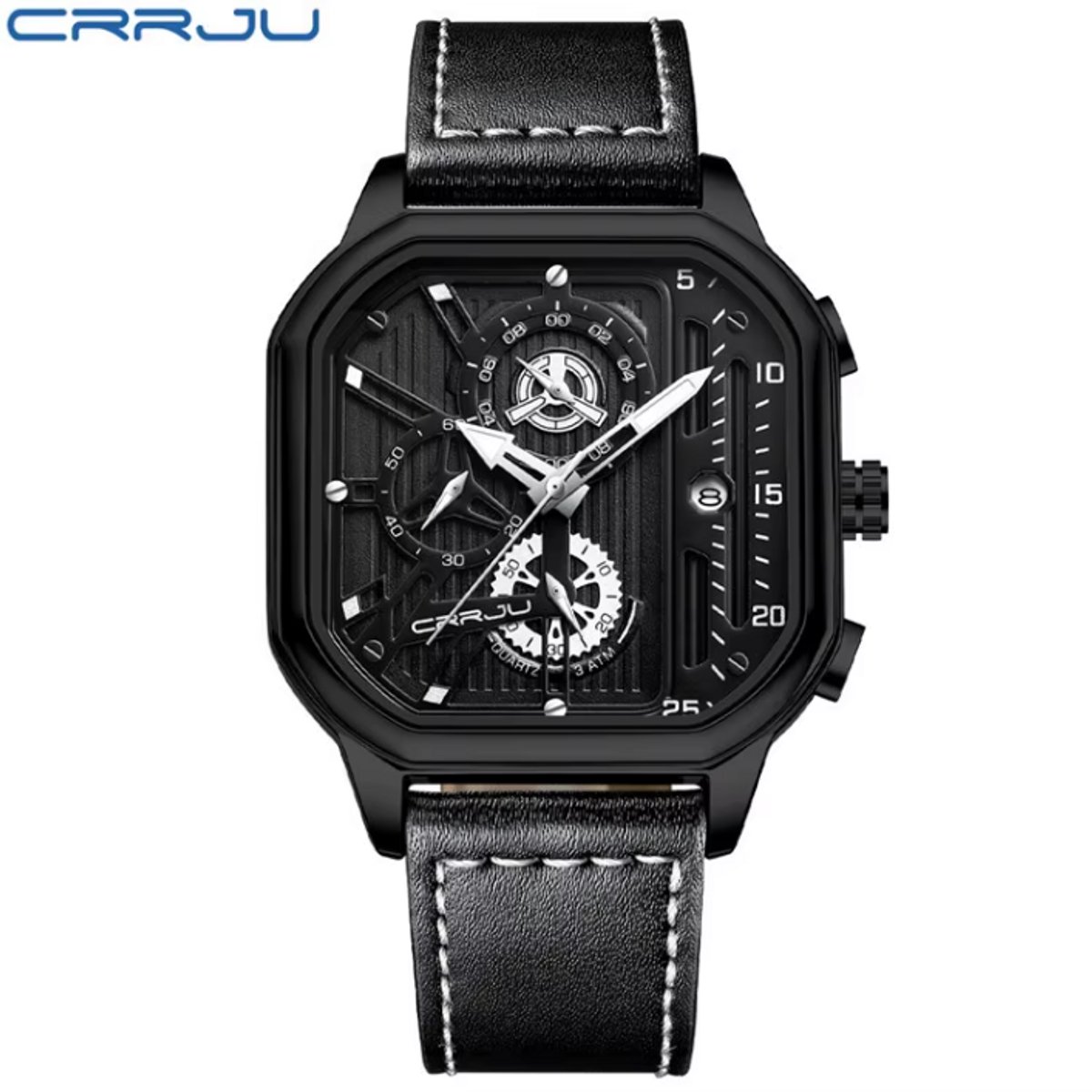 CRRJU Horloge 2302 - Full Black Zilverkleurig - Heren - Vierkante Kast - Quartz - 43 mm - Lederen Band - Chronograaf - Kalender - Waterbestendig - Stoer - Minimalistisch - Modern
