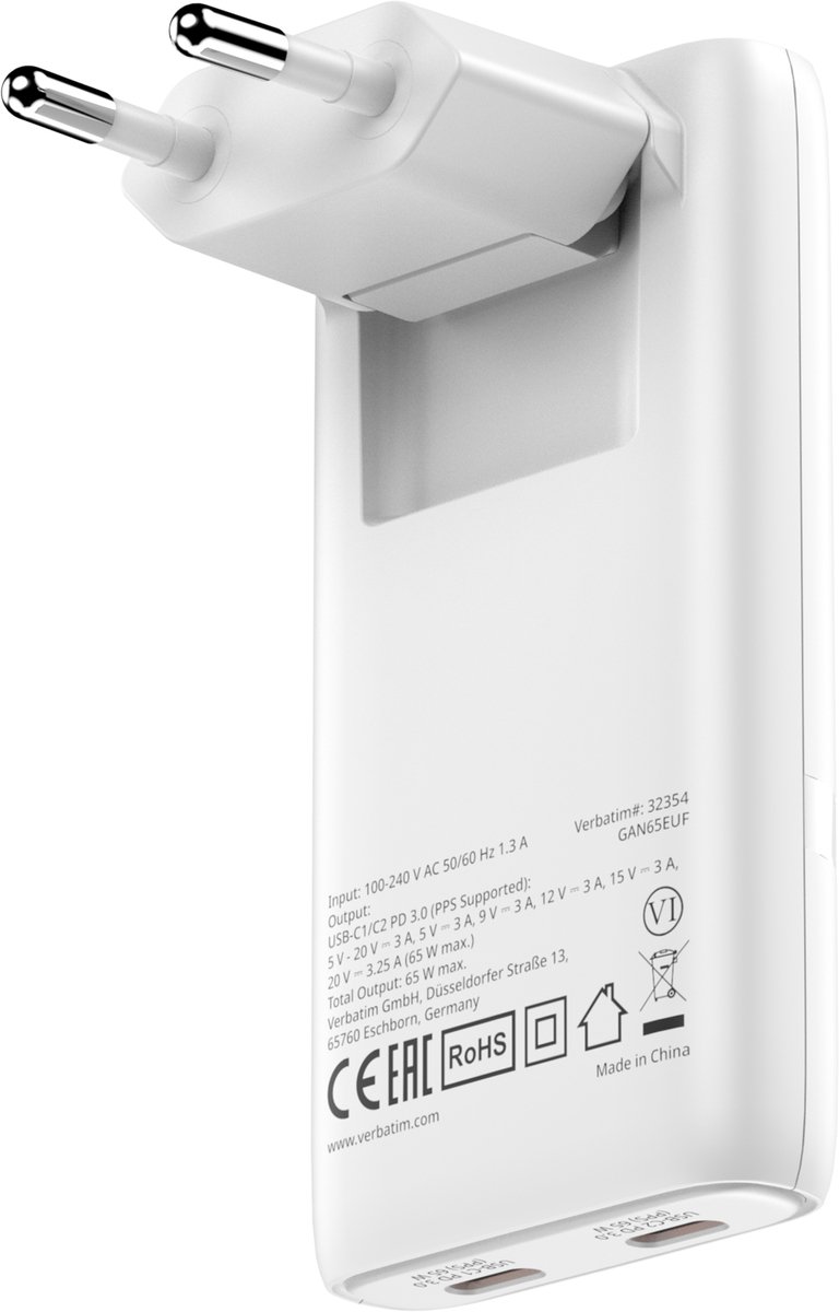 Verbatim Fold N Go GaN 65W Sneloplader voor USB-C