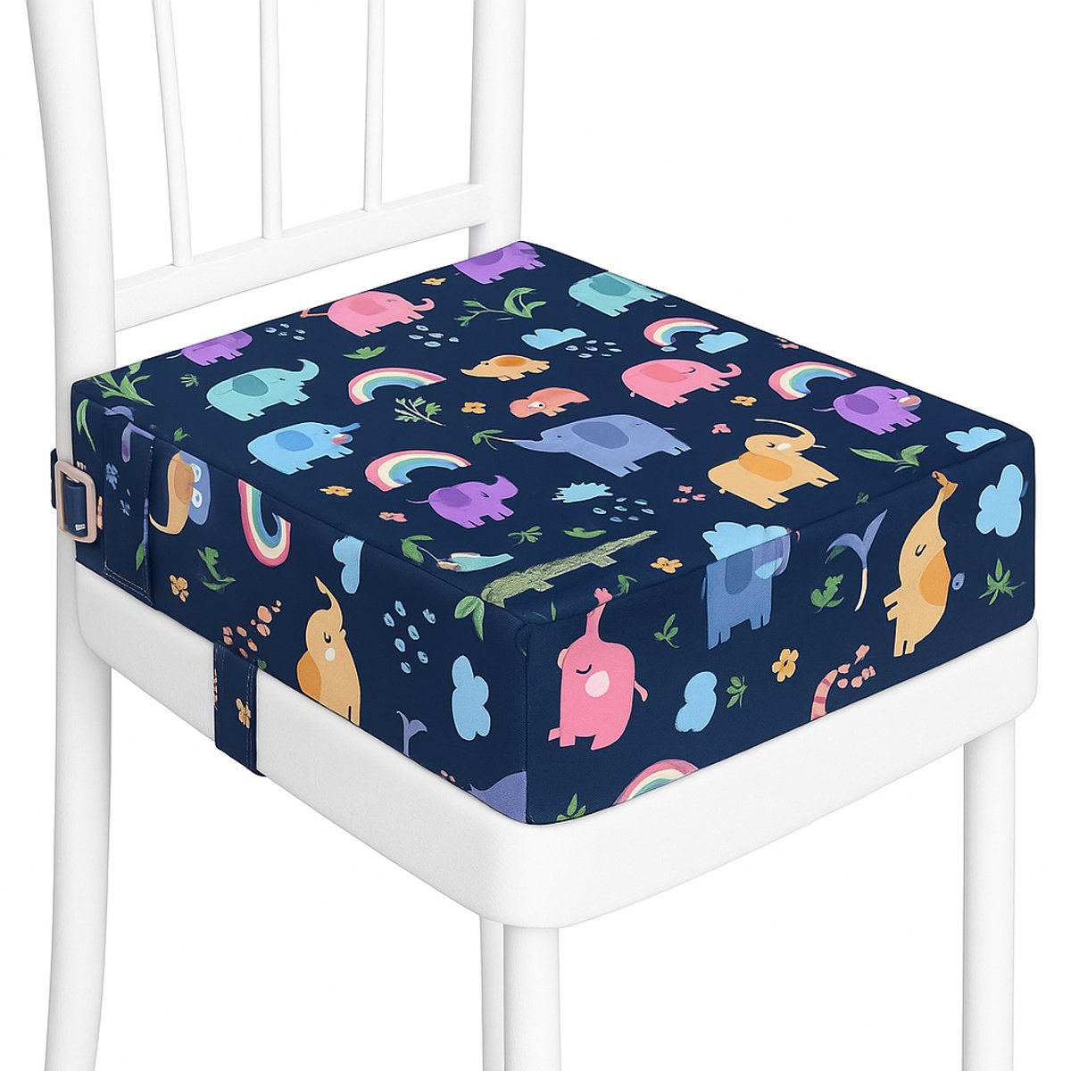 Dutchers® Stoelverhoger voor Kinderen – 8cm Verhoogkussen – Zitverhoger voor Eettafel & Eetkamerstoel – Zitkussen Tafel - Peuter Stoelverhoger – Stoelkussen waterdicht - Lichtgewicht & Veilig met Riemen - Olifanten