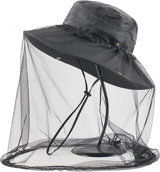 Chapeau anti-moustiques en maille - 1 pièce - 9 × 45 cm - Chapeau de soleil avec moustiquaire - Poche filet amovible - Bob - Convient aux apiculteurs, randonneurs, pêcheurs et campeurs - Zwart