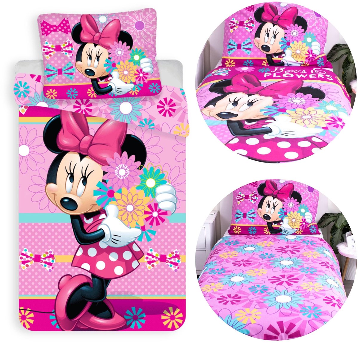 DISNEY Minnie Mouse Roze, DUBBELZIJDIG, kinderbeddengoed, met bloemen, ritssluiting, 100% KATOEN 140x200+70x90cm OEKO-TEX