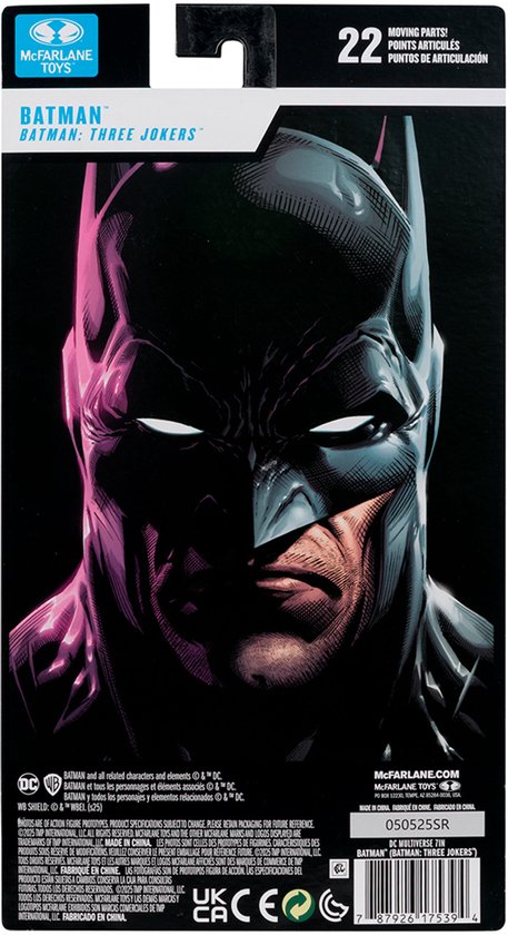 Verpakking van Batman actiefiguur met close-up kunstwerk van Batman's gezicht.