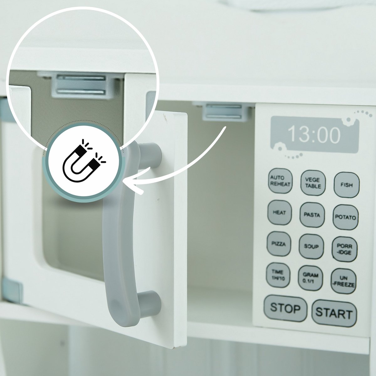 Mamabrum Montessori Houten keuken voor kinderen, 3 jaar – magnetron, oven, gootsteen en accessoires inbegrepen – robuust, veilig, leerzaam, natuurlijke kleuren, duurzaam creatief spel — afbeelding 7