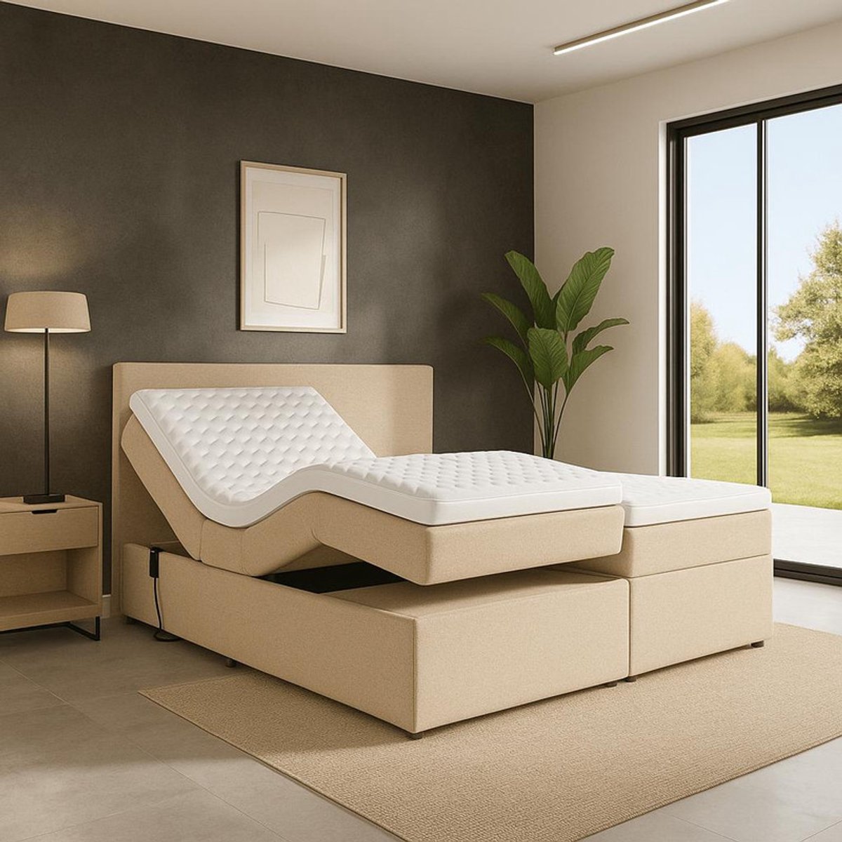 Boxspring FD Boxspring Napoli Elektrisch verstelbaar Luxe pocketvering Stof 160x200 cm beige