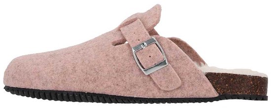 Roze vilten instapslof van opzij met zilveren gesp, witte bontvoering en kurklook zool.