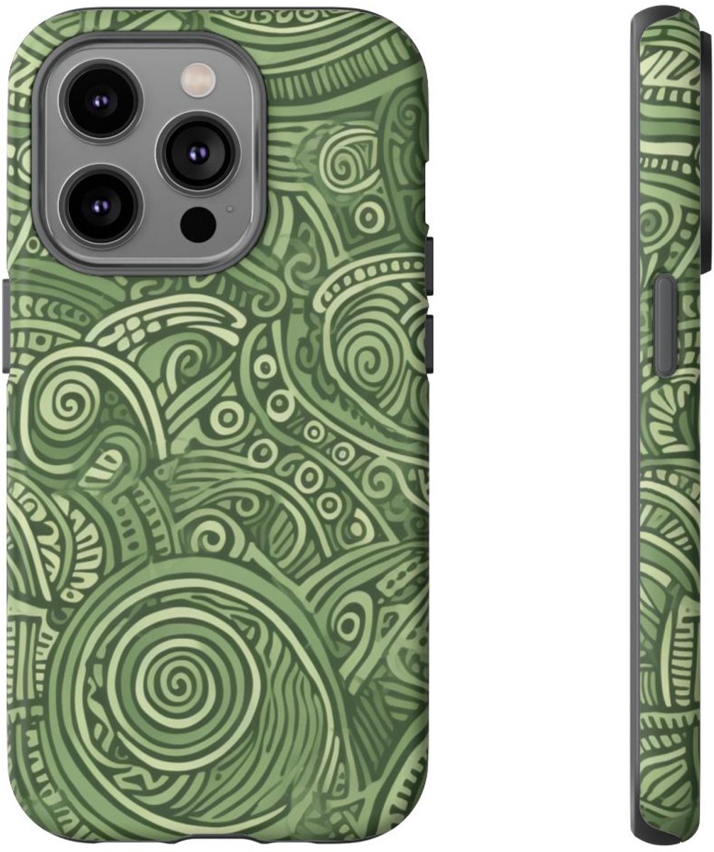 Abstract Groen Tribal Doodle Patroon – Telefoonhoesje Geschikt voor iPhone 14 Pro