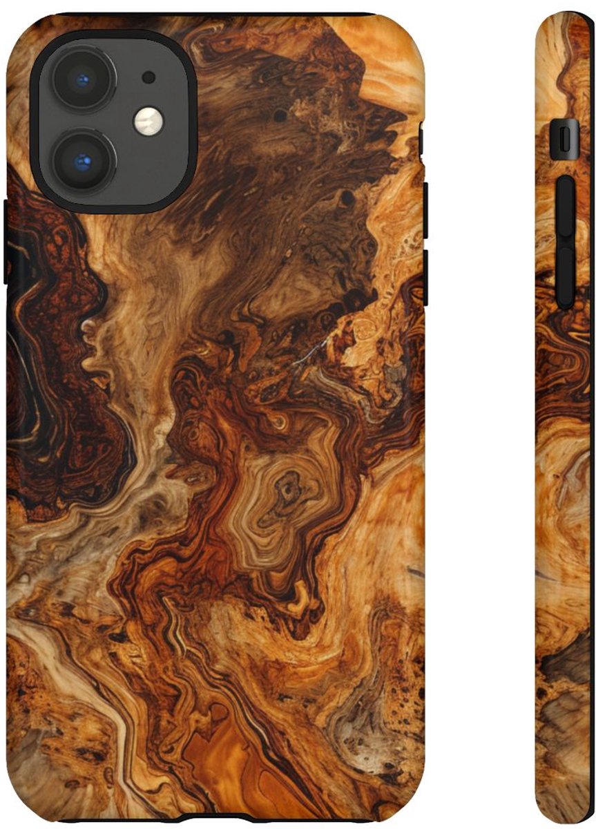 Luxe Wortelhoutstructuur met Glanzend Patroon – Telefoonhoesje Geschikt voor iPhone 11