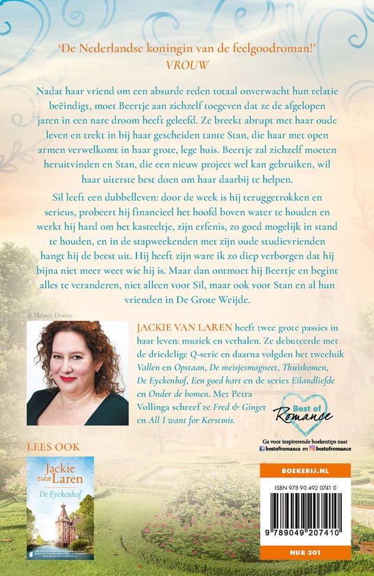 Jackie van Laren, auteur van feelgoodromans. Ze is een vrouw met krullend haar en een glimlach.