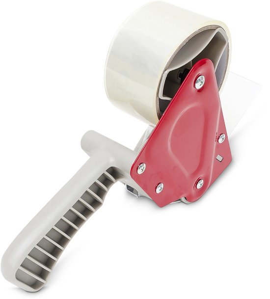 Tape dispenser met grijze handgreep en rode houder, met plakband.