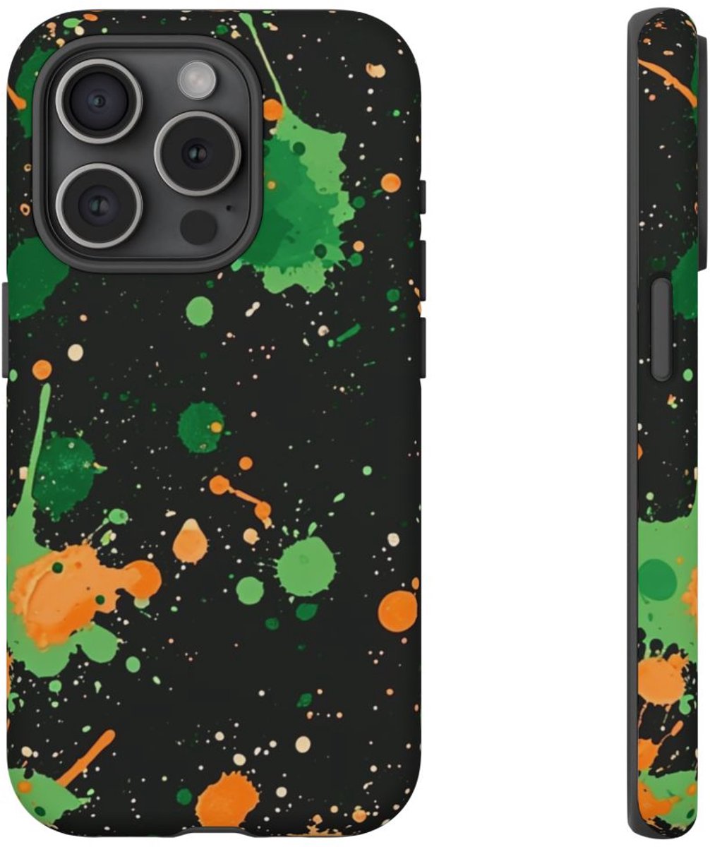 Groene en Oranje Verfspattenpatroon – Telefoonhoesje Geschikt voor iPhone 15 Pro