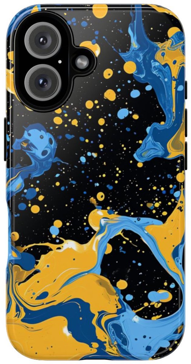 Blauwe en Gele Verfspatten Abstract – Telefoonhoesje Geschikt voor iPhone 16
