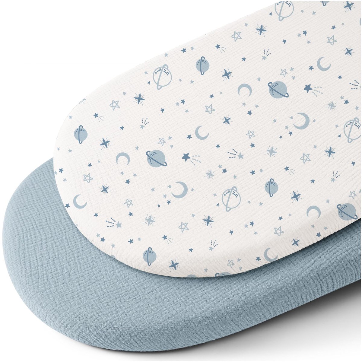 Image of 2 Stuks - Hydrofiele Baby Hoeslaken Wieg - Kinderwagen matras - blauw en planeet - 80x40 cm - Aankleedkussenhoes