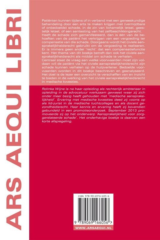 Achterkant boek met ISBN en URL. Rode en roze vlakken, tekst verticaal 'ARS AEQUI LIBRI'. Beschrijving van de inhoud en auteur.