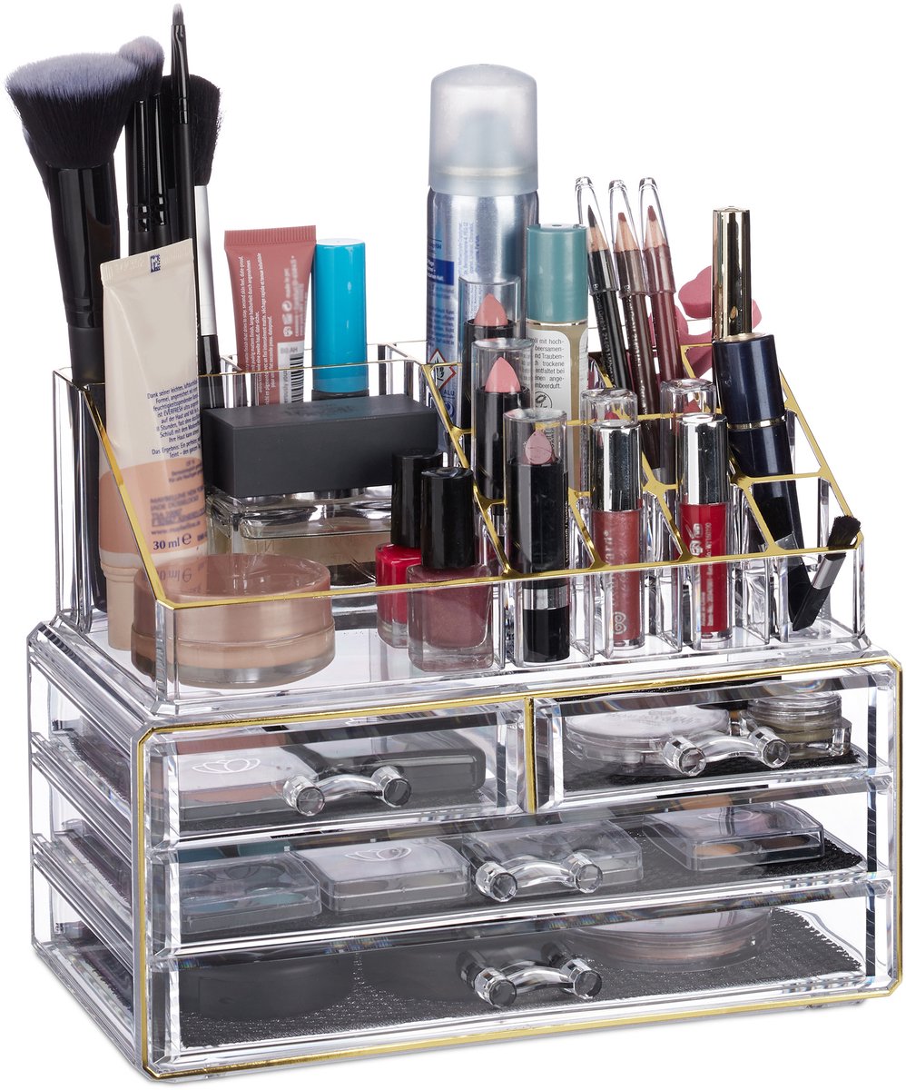 2x make-up organizer - 20 vakken - cosmetica opbergdoos - transparant-goud