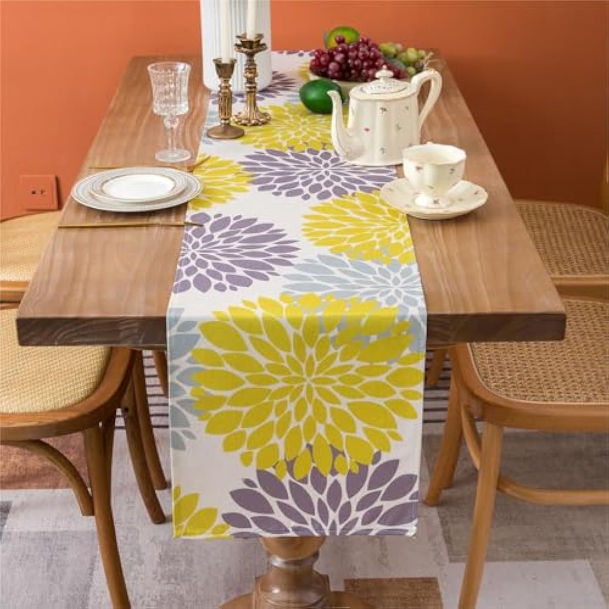 Selbro®, Tafelloper linnen tafelloper lente woonkamer geel en grijs tafeldecoratie bloemen tafelmatten voor commode kast tafel tv keuken eettafel banket bruiloft tafelloper 40 x 140 cm
