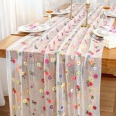 Bloemen tafelloper, geborduurd madeliefjes tafelkleed, wilde