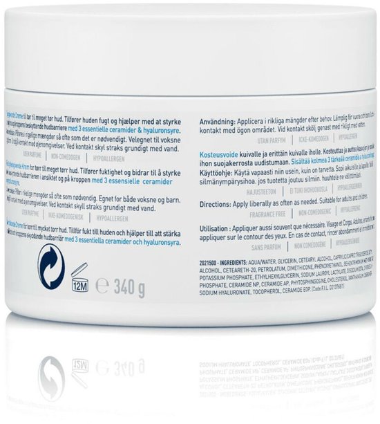 Achterkant van een witte pot CeraVe crème met ingrediënten en gebruiksaanwijzing.