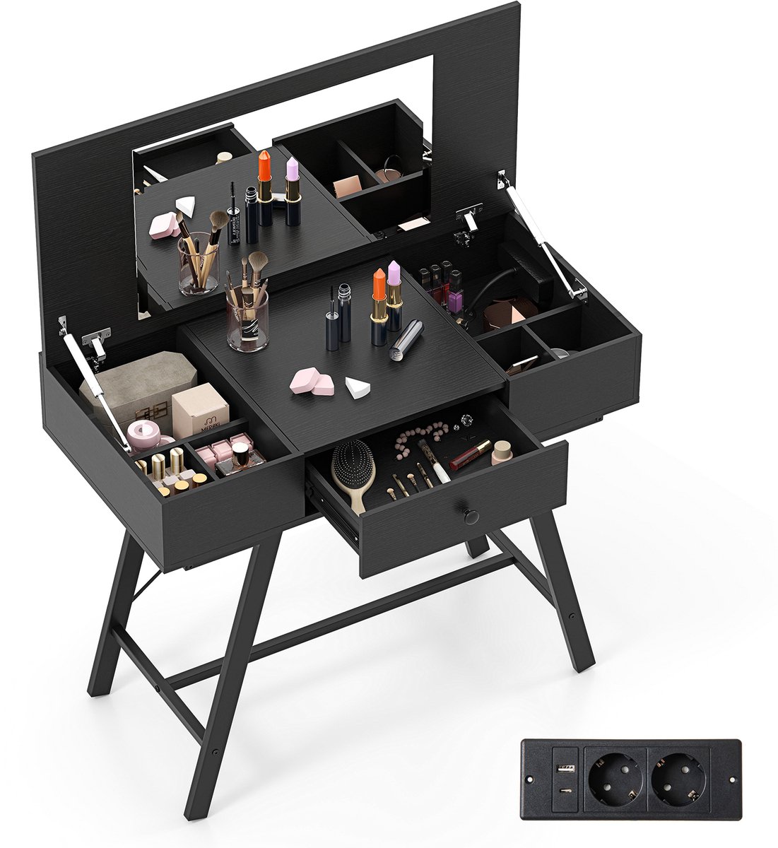 Costway Make-up Tafel met Grote Spiegel & Oplaadstation & Klapdeksel & Lade Cosmeticatafel Zwart