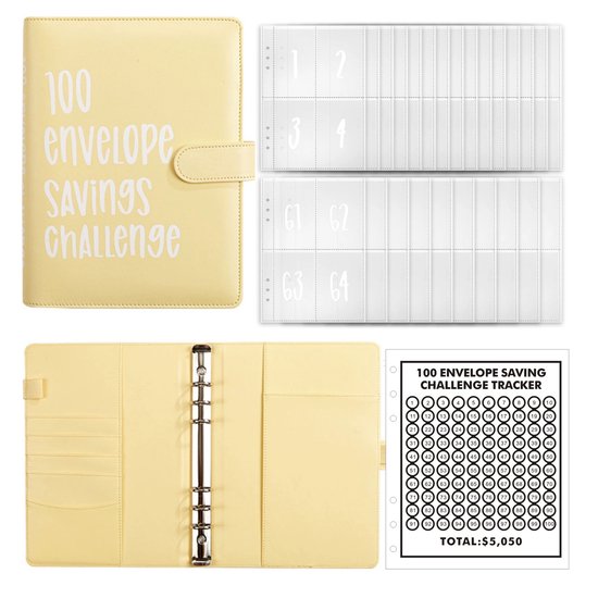 Foto: Qttvbtna 100 enveloppen spaaruitdaging stevige leren spaarmap leuk en gemakkelijk geld sparen a5 formaat herbruikbare spaarboek geel