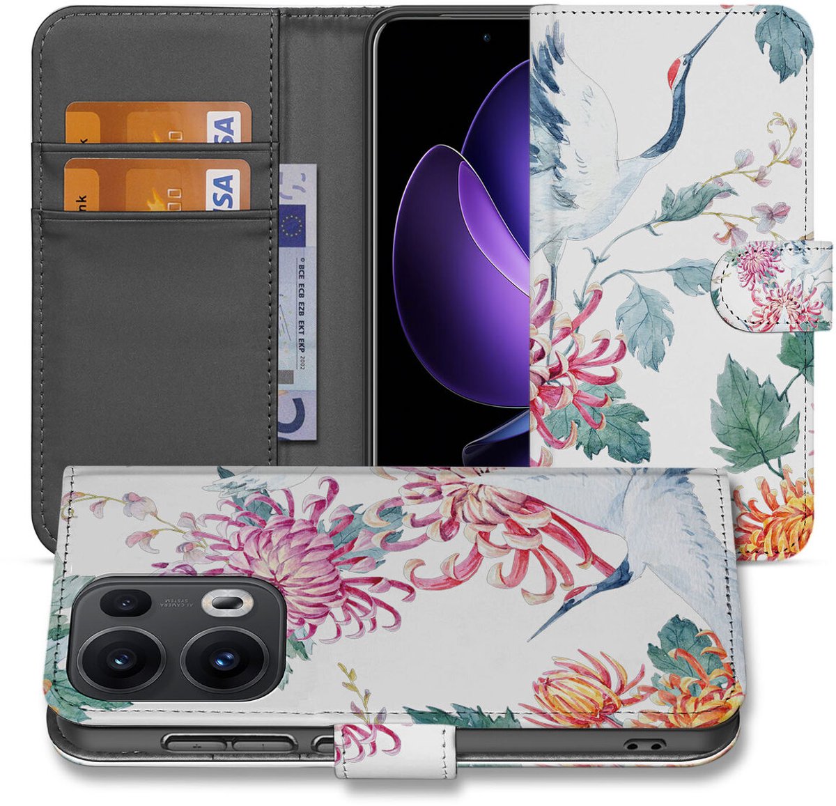 OPPO Reno 13 Pro Telefoonhoesje met Pasjes Bird Flowers