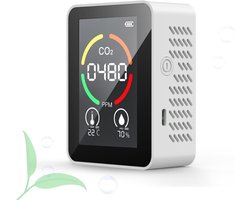 3-in-1 Indoor Air Quality Monitor – CO2 meter – Luchtkwaliteitsmeter – Met hygrometer en thermometer – Draagbaar & oplaadbaar – Luchtkwaliteitstest voor thuis, kantoor, school, hotel en auto – Wit