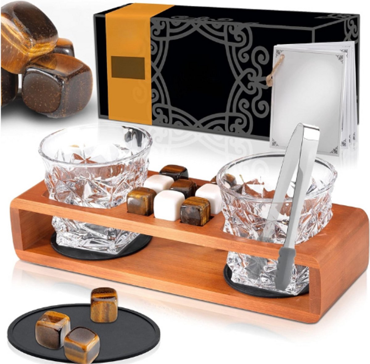 Whisky Glazen Set Van 2 Met Whisky Steentjes - Perfect Cadeau Voor Mannen - Herbruikbare Koelstenen Voor Whisky, Scotch, Bourbon En Brandy