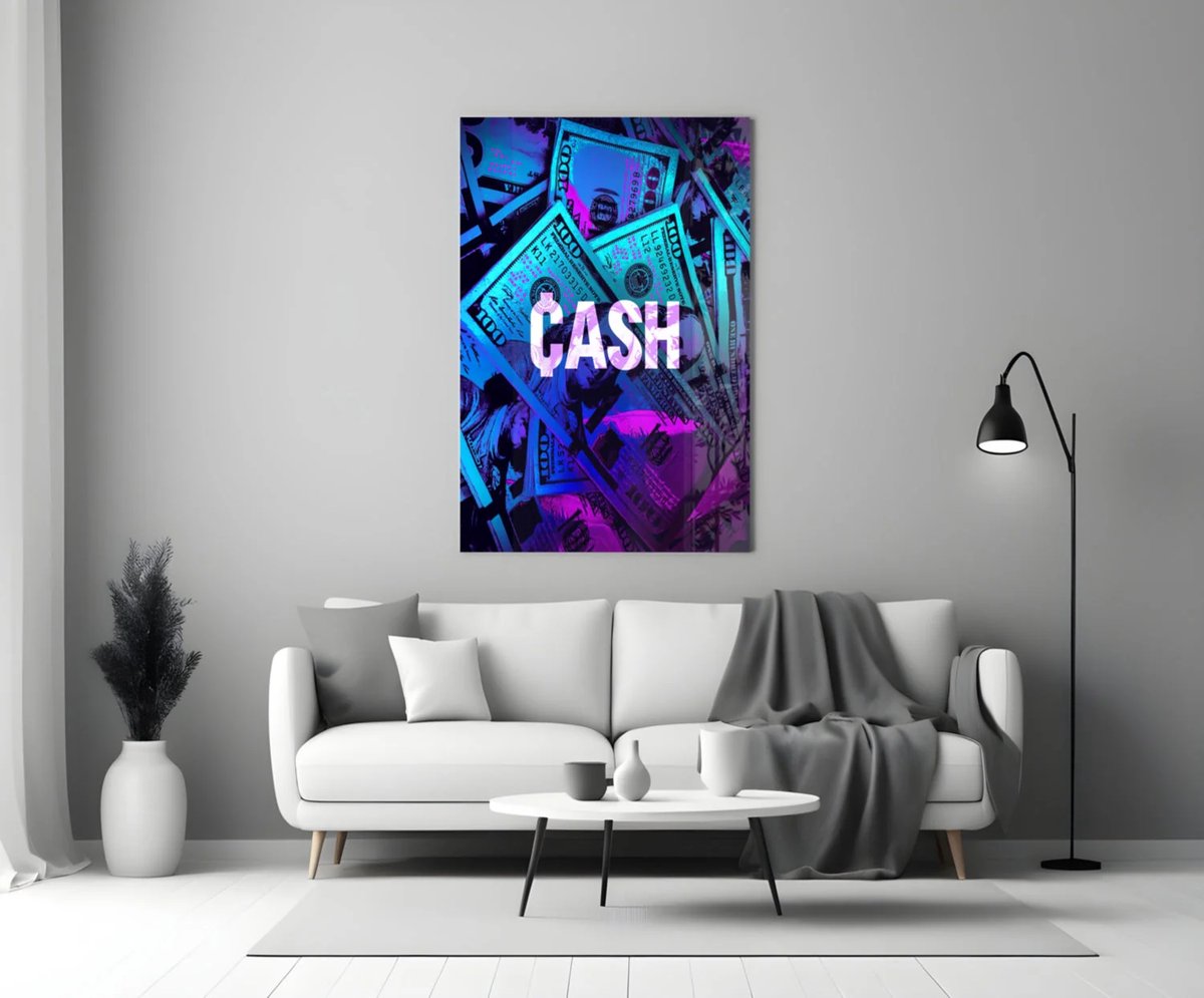 Glasschilderij Cash – Modern Street Art Wanddecoratie – Geld Schilderij – Luxe Kunst voor Woonkamer - 90x60 cm