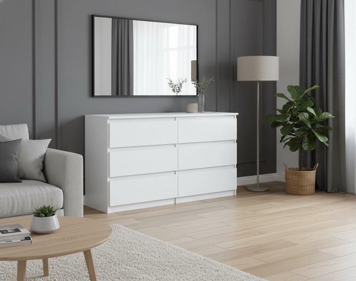 Luxe Modern Dressoir met 6 Ruime Laden – Medahomestore Elegant Commodekast 120 cm Breed – Witte Ladekast voor Woonkamer, Slaapkamer & Hal – Scandinavisch Design Opbergkast – 120x78,5x39 cm – Mat Wit - medahomestore