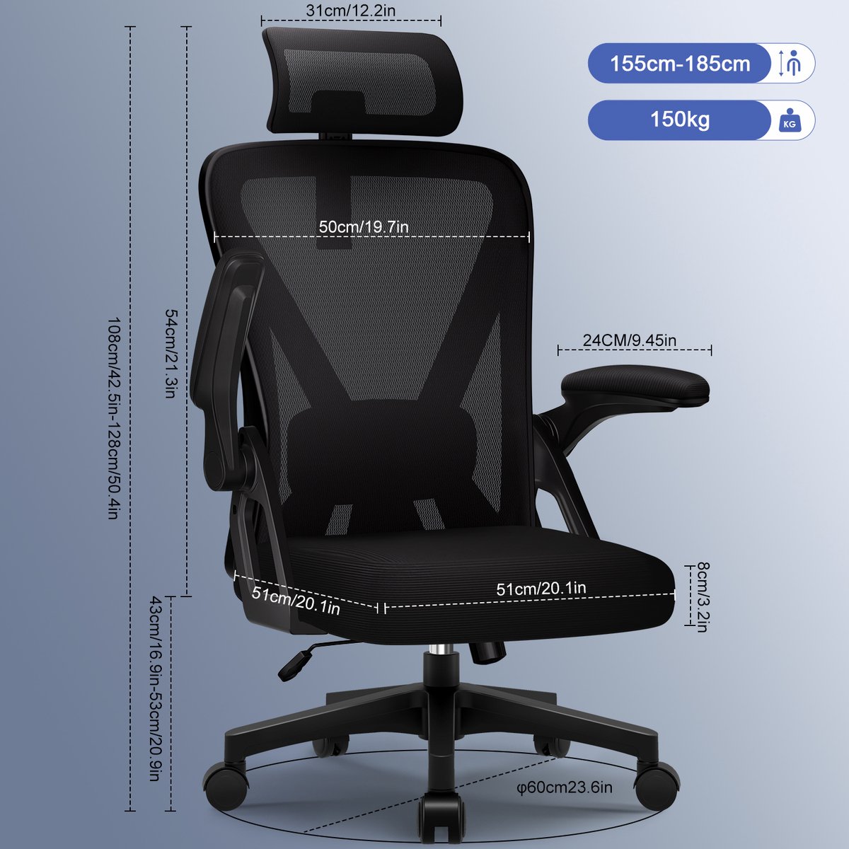 Hiaonyx bureaustoel-ergonomische bureaustoel-bureaustoelen voor volwassenenOpklapbare armleuningen-2D lendensteun-Maximale kanteling 135°-Met stille wielen-Zwart thumbnail 6