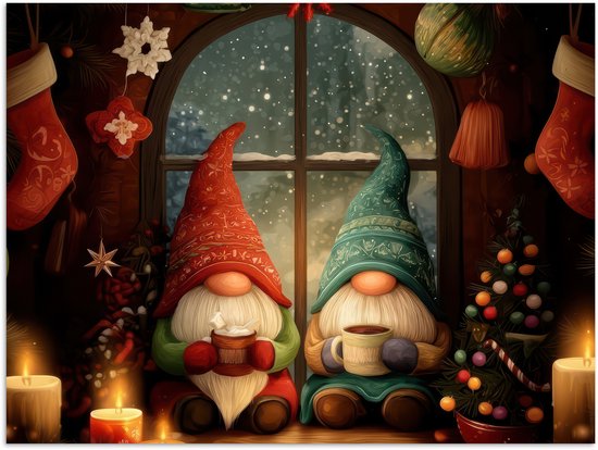 Poster 80x60 cm - Gnooms - Kerst - Raam - Kleurrijk - Posters - Kamer decoratie - Wanddecoratie woonkamer - Muurdecoratie slaapkamer - Kerstversiering - Kerstdecoratie voor binnen - Kerstmis