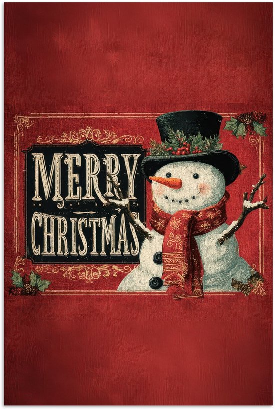 Poster 80x120 cm - Klassiek - Kerstgroet - Sneeuwpop - Rood - Posters - Kamer decoratie - Wanddecoratie woonkamer - Muurdecoratie slaapkamer - Kerstversiering - Kerstdecoratie voor binnen - Kerstmis