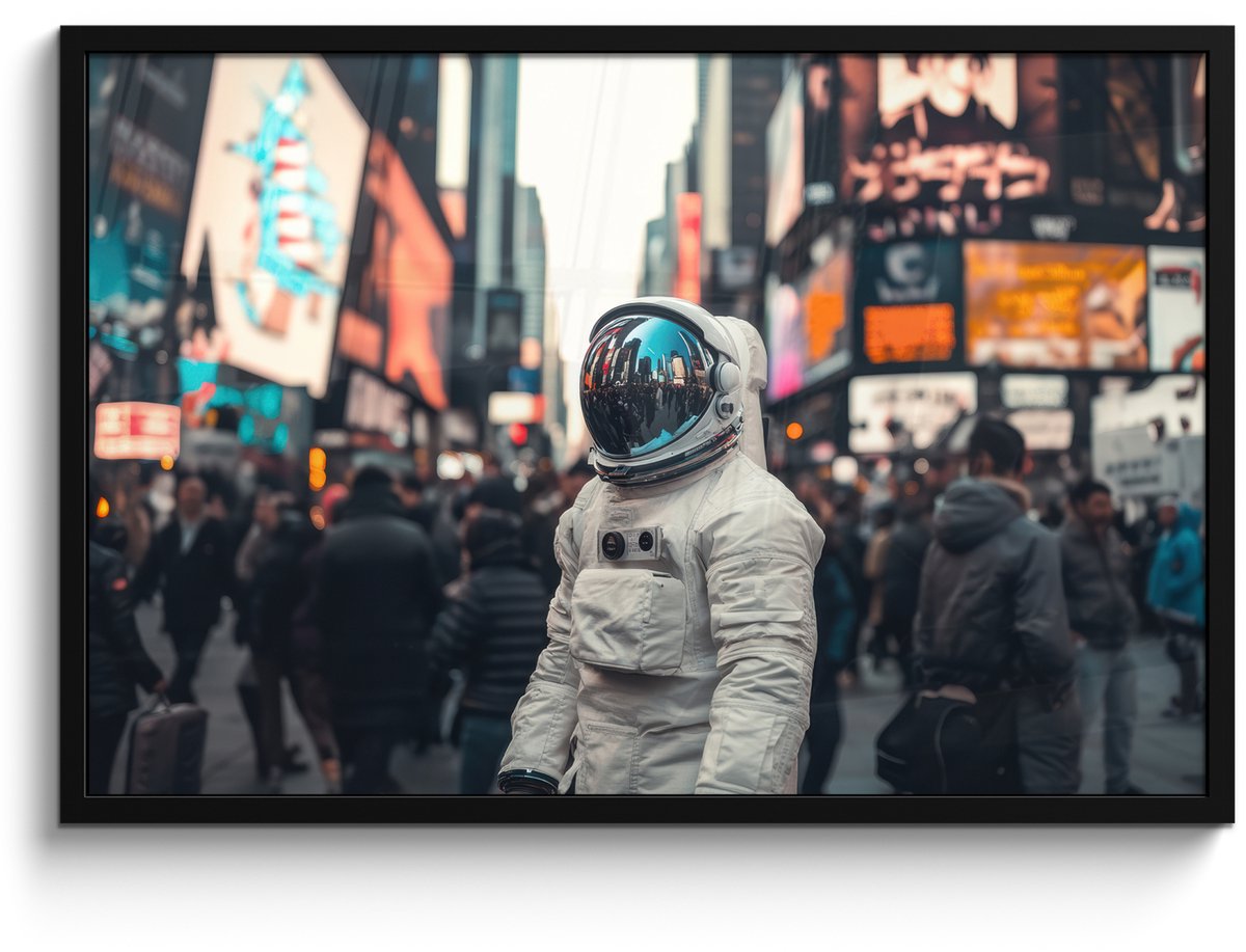 FrameYourWall Poster in lijst - Fotolijst 90x60 cm - Posters - Stad - Mensen - Astronaut - Wit - Posterlijst zwart - Decoratie - Wanddecoratie woonkamer - Muurdecoratie slaapkamer