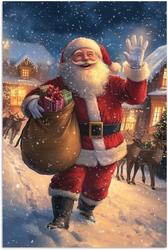 Poster 40x60 cm - Kerstman - Dorp - Hert - Donker - Posters - Kamer decoratie - Wanddecoratie woonkamer - Muurdecoratie slaapkamer - Kerstversiering - Kerstdecoratie voor binnen - Kerstmis