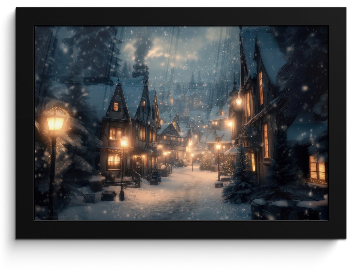FrameYourWall Poster in lijst - Fotolijst 30x20 cm - Posters - Winterdorp - Sneeuw - Donker - Posterlijst zwart - Decoratie - Wanddecoratie woonkamer - Muurdecoratie slaapkamer