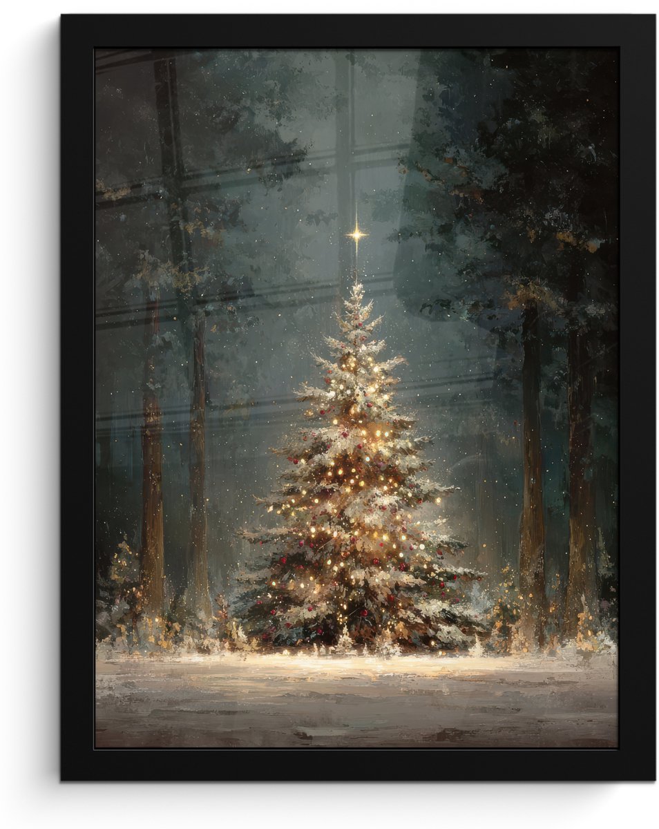 FrameYourWall Poster in lijst - Fotolijst 30x40 cm - Posters - Kerstboom - Bos - Sneeuw - meerkleurig - Posterlijst zwart - Decoratie - Wanddecoratie woonkamer - Muurdecoratie slaapkamer - Kerstversiering - Kerstdecoratie voor binnen - Kerstmis