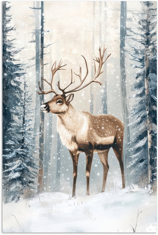 Poster 40x60 cm - Rendier - Sneeuw - Woud - Wit - Posters - Kamer decoratie - Wanddecoratie woonkamer - Muurdecoratie slaapkamer