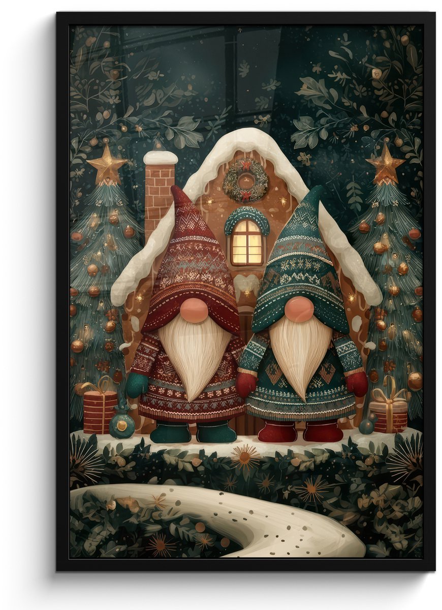 FrameYourWall Poster in lijst - Fotolijst 60x90 cm - Posters - Kerst - Gnomen - Peperkoekhuisje - Rood - Groen - Posterlijst zwart - Decoratie - Wanddecoratie woonkamer - Muurdecoratie slaapkamer - Kerstversiering - Kerstdecoratie voor binnen - Kerstmis Kerst - Gnomen - Huisje - Rood - Groen