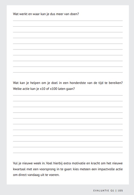 Pagina met reflectievragen voor de komende week en evaluatie van de afgelopen week.