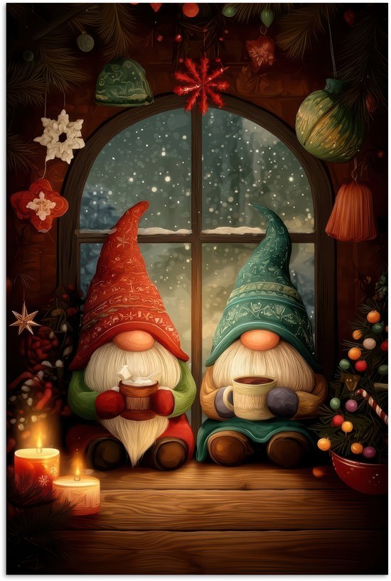 Poster 60x90 cm - Gnooms - Kerst - Raam - Kleurrijk - Posters - Kamer decoratie - Wanddecoratie woonkamer - Muurdecoratie slaapkamer - Kerstversiering - Kerstdecoratie voor binnen - Kerstmis