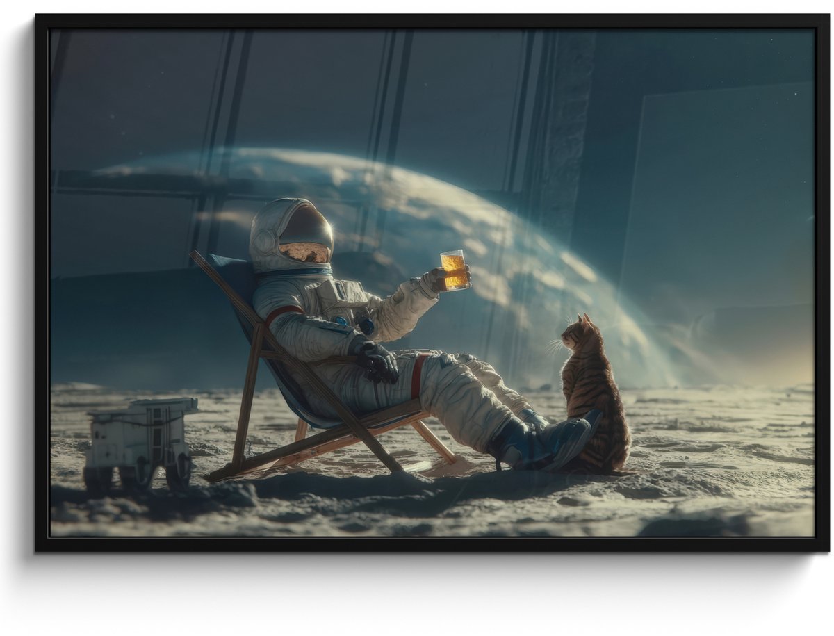FrameYourWall Poster in lijst - Fotolijst 120x80 cm - Posters - Astronaut - Kat - Glas - Stoel - Posterlijst zwart - Decoratie - Wanddecoratie woonkamer - Muurdecoratie slaapkamer