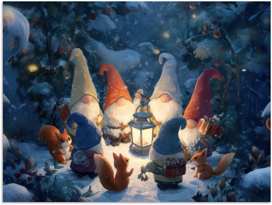 Poster 80x60 cm - Winter - Gnooms - Eekhoorns - Meerkleurig - Posters - Kamer decoratie - Wanddecoratie woonkamer - Muurdecoratie slaapkamer - Kerstversiering - Kerstdecoratie voor binnen - Kerstmis