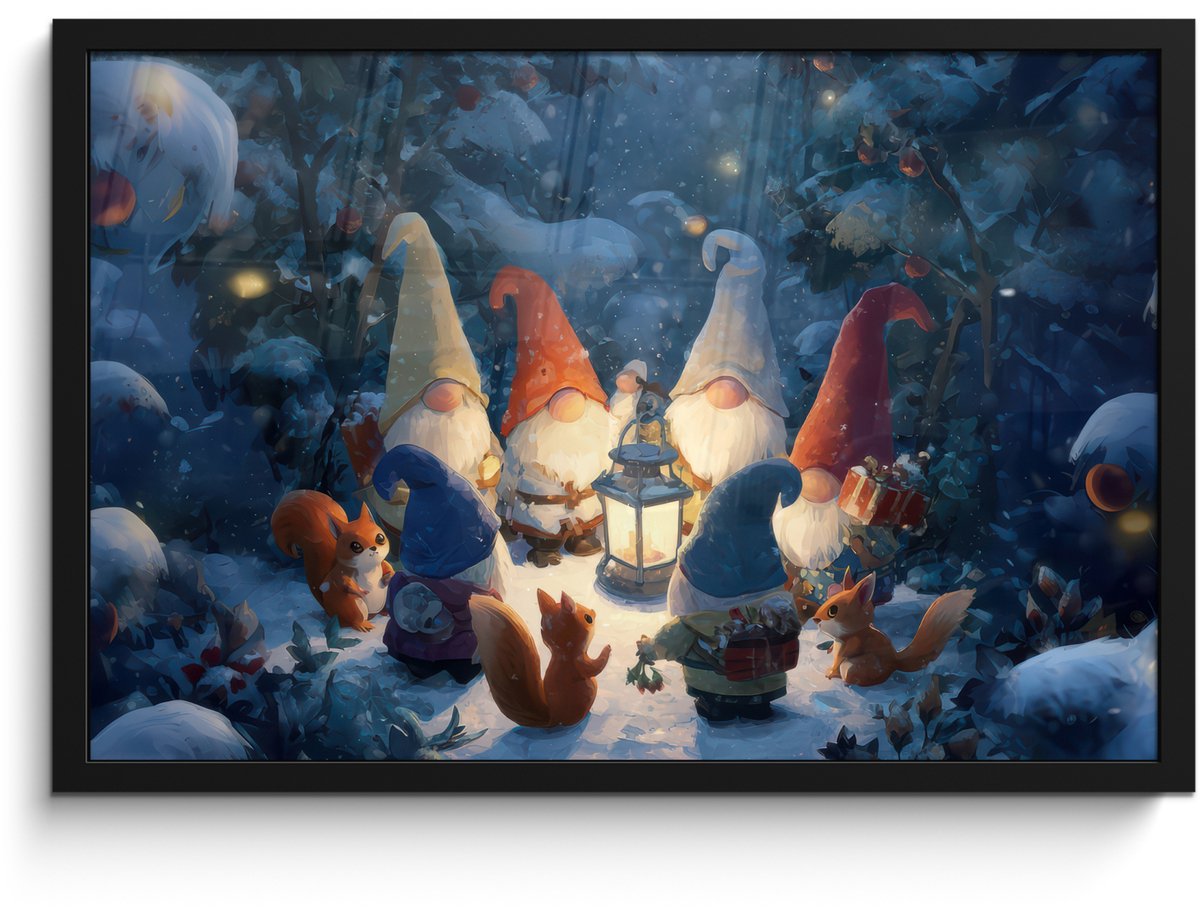 FrameYourWall Poster in lijst - Fotolijst 60x40 cm - Posters - Winter - Gnooms - Eekhoorns - Meerkleurig - Posterlijst zwart - Decoratie - Wanddecoratie woonkamer - Muurdecoratie slaapkamer - Kerstversiering - Kerstdecoratie voor binnen - Kerstmis