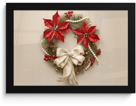 Poster in lijst - Fotolijst 30x20 cm - Posters - Deurkrans - Strik - Kerst - Rood - Groen - Posterlijst zwart - Decoratie - Wanddecoratie woonkamer - Muurdecoratie slaapkamer - Kerstversiering - Kerstdecoratie voor binnen - Kerstmis