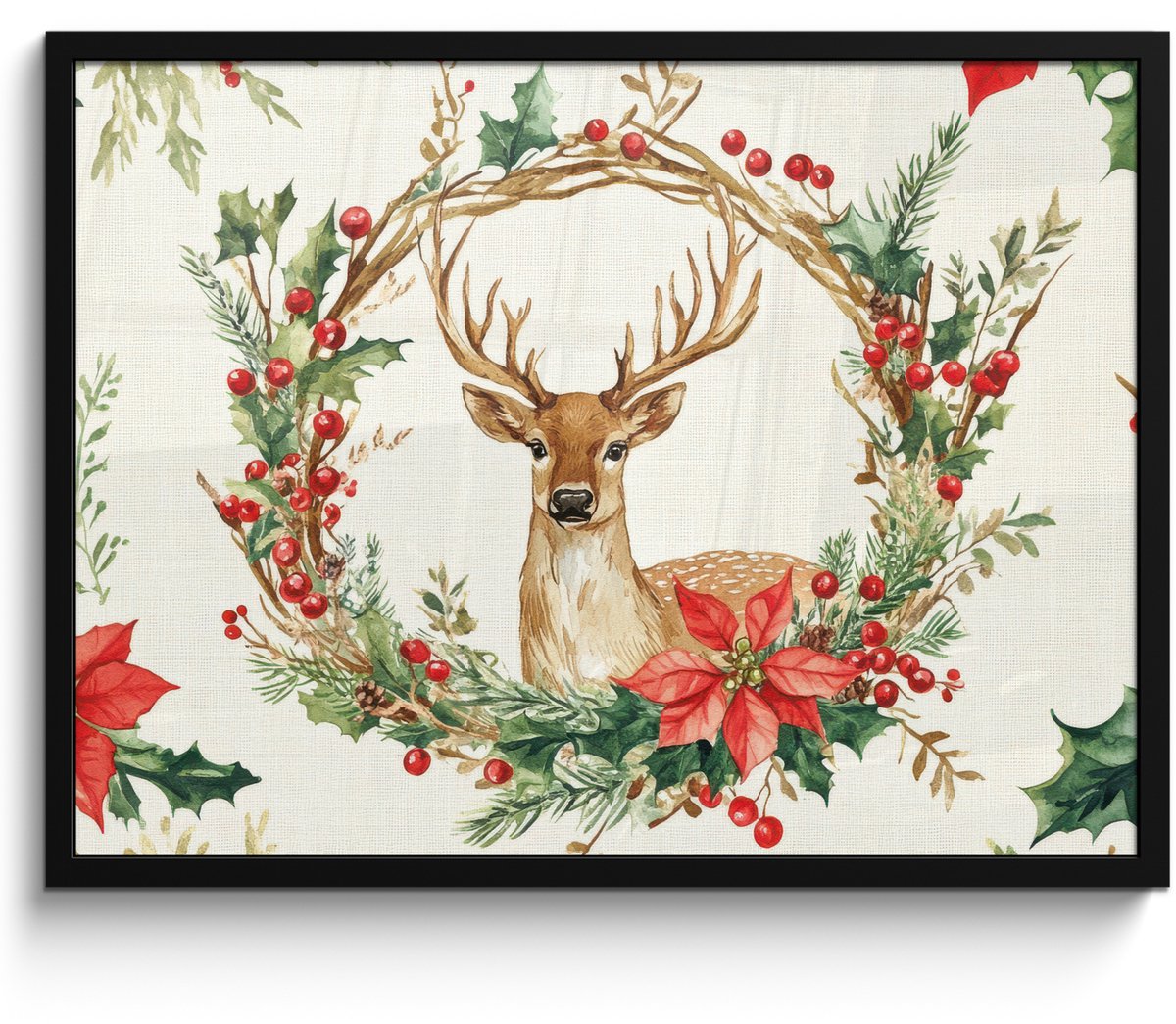 FrameYourWall Poster in lijst - Fotolijst 80x60 cm - Posters - Kerstkrans - Hert - Hulst - Rood - Posterlijst zwart - Decoratie - Wanddecoratie woonkamer - Muurdecoratie slaapkamer - Kerstversiering - Kerstdecoratie voor binnen - Kerstmis