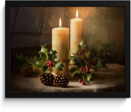 Poster in lijst - Fotolijst 40x30 cm - Posters - Kaarslicht - Kerst - Veelkleurig - Posterlijst zwart - Decoratie - Wanddecoratie woonkamer - Muurdecoratie slaapkamer - Kerstversiering - Kerstdecoratie voor binnen - Kerstmis